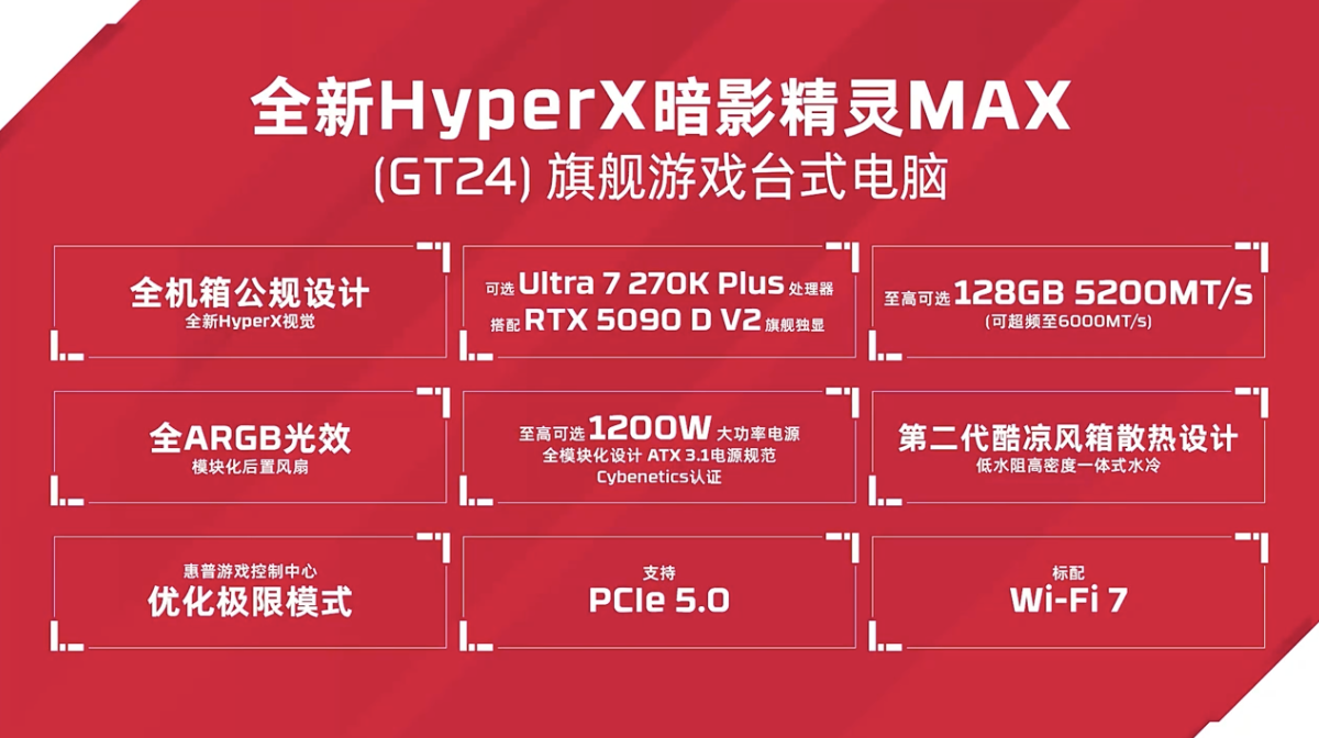 惠普 HyperX 暗影精灵 MAX（GT24）台式机发布：至高搭 RTX5090D V2 显卡及 128GB RAM