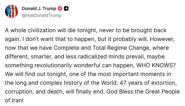 特朗普：今晚整个伊朗文明将会消亡