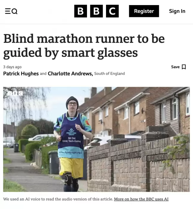 英国盲跑者借助智能眼镜挑战马拉松识别赛道和方向