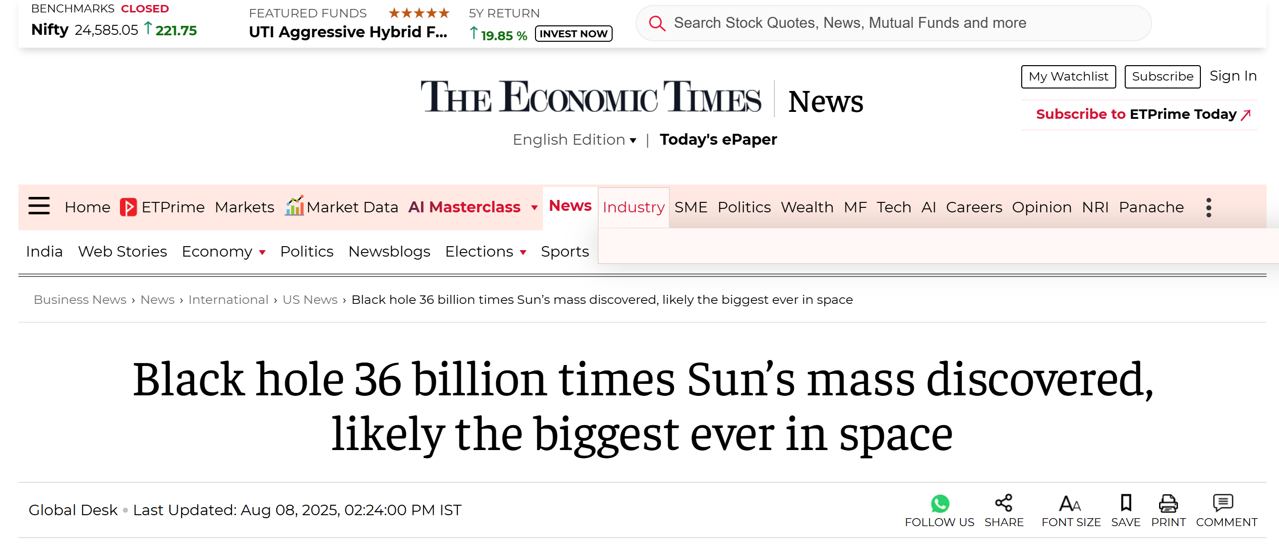 人类发现已知最大黑洞，质量达到太阳363亿倍！