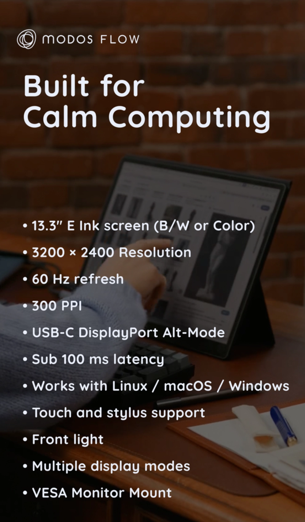 海外厂商 Modos 推出 Flow 墨水屏显示器：13.3 英寸 3.2K E-Ink 面板，支持手写笔、60Hz 刷新率
