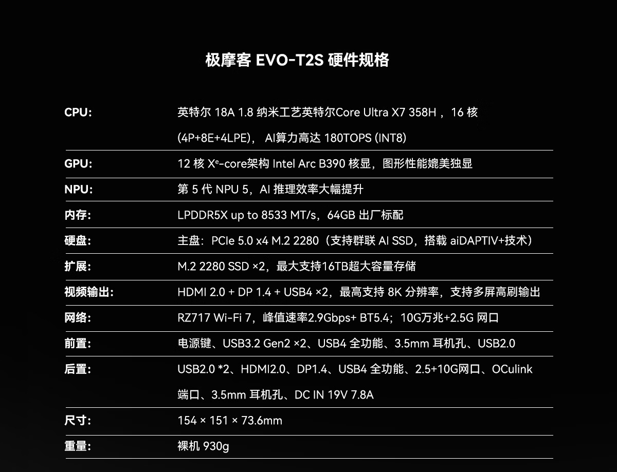 极摩客 EVO-T2S 迷你主机上市：搭载英特尔酷睿 Ultra X7 358H、64GB 内存 14999 元