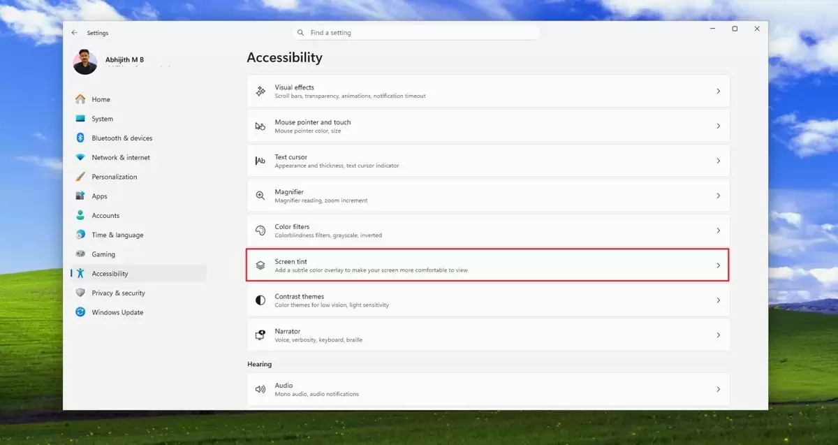 Win11预览版测试Screen Tint屏幕染色功能: 6种色彩缓解眼疲劳