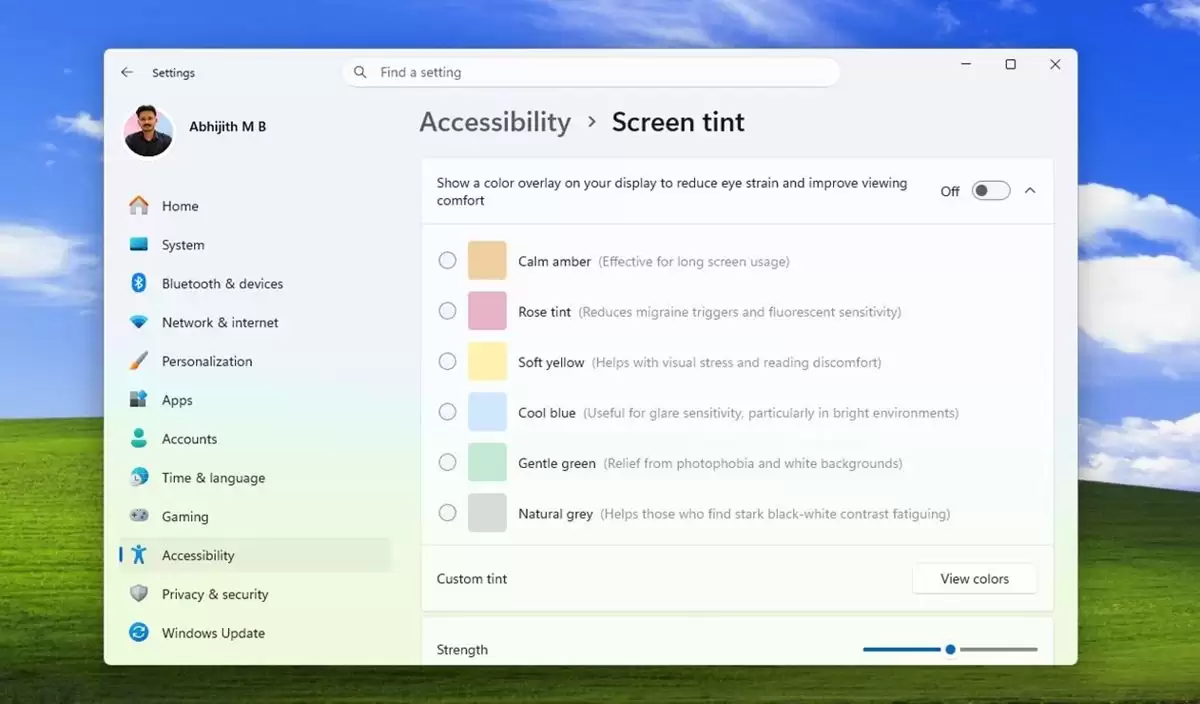 Win11预览版测试Screen Tint屏幕染色功能: 6种色彩缓解眼疲劳