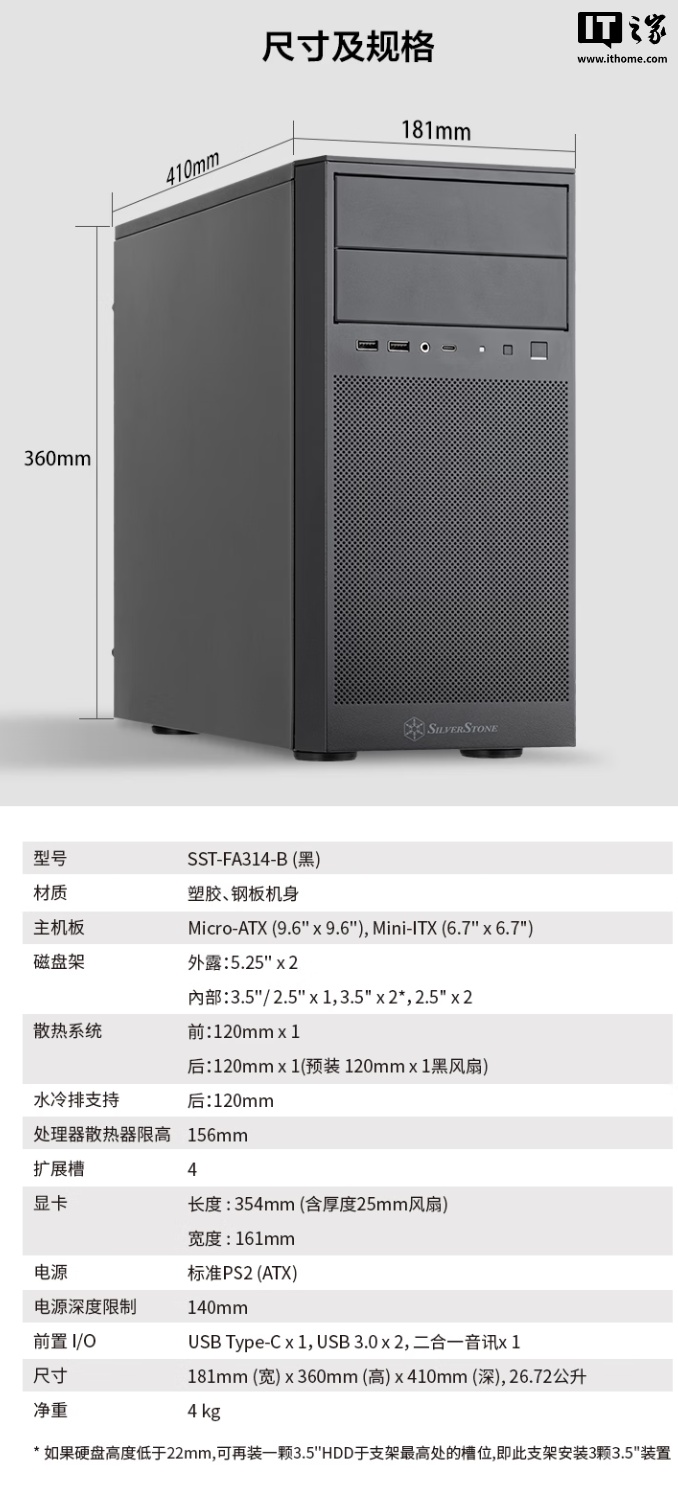 银欣法拉 FARA 314 MATX 小机箱上市：自带 2 个 5.25 英寸光驱位，299 元