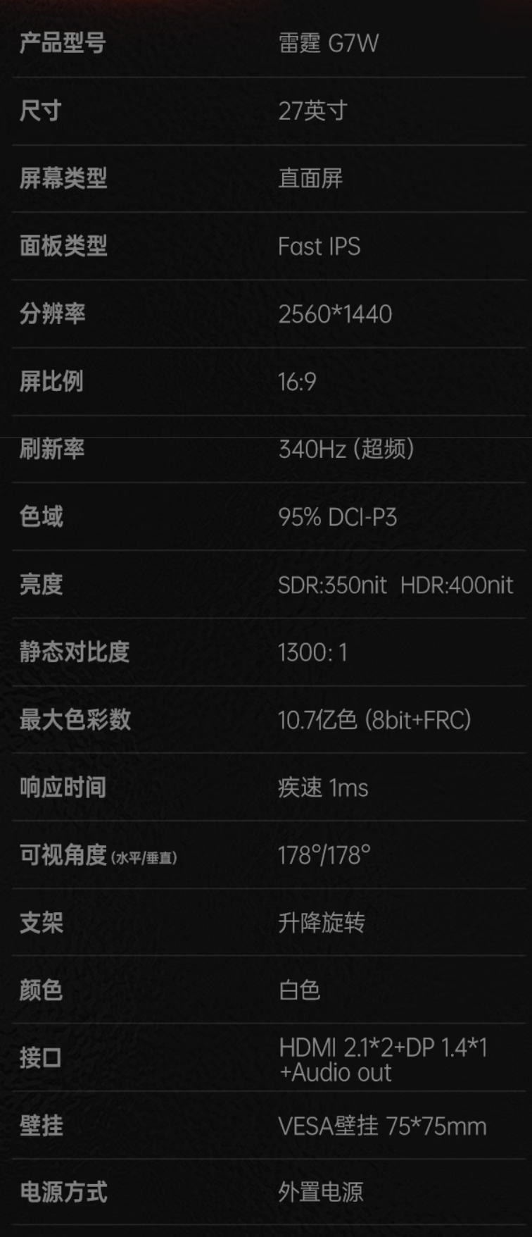 HKC 推出“雷霆 G7W”27 英寸显示器：2K 340Hz，1449 元
