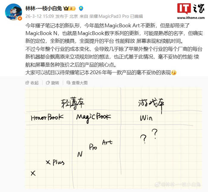 荣耀 MagicBook 16 / Pro 16 2026 款笔记本外观释出，提供灰 / 白配色