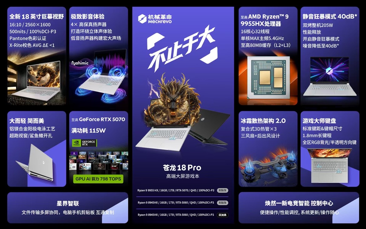 机械革命苍龙 18 Pro 笔记本上架：可选 R9-8945HX / R9-9955HX 及 RTX5060/5070，9299 元起（国补后低至 7904.15 元）