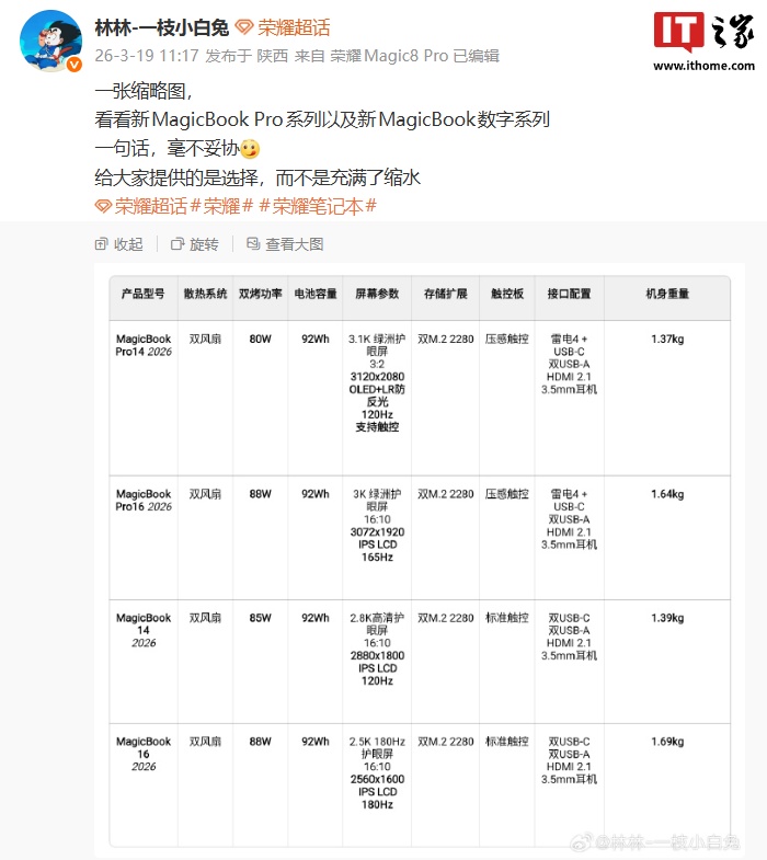 荣耀新 MagicBook Pro / 数字系列笔记本 2026 款部分配置释出，“雷电杀手”林林自嘲失手