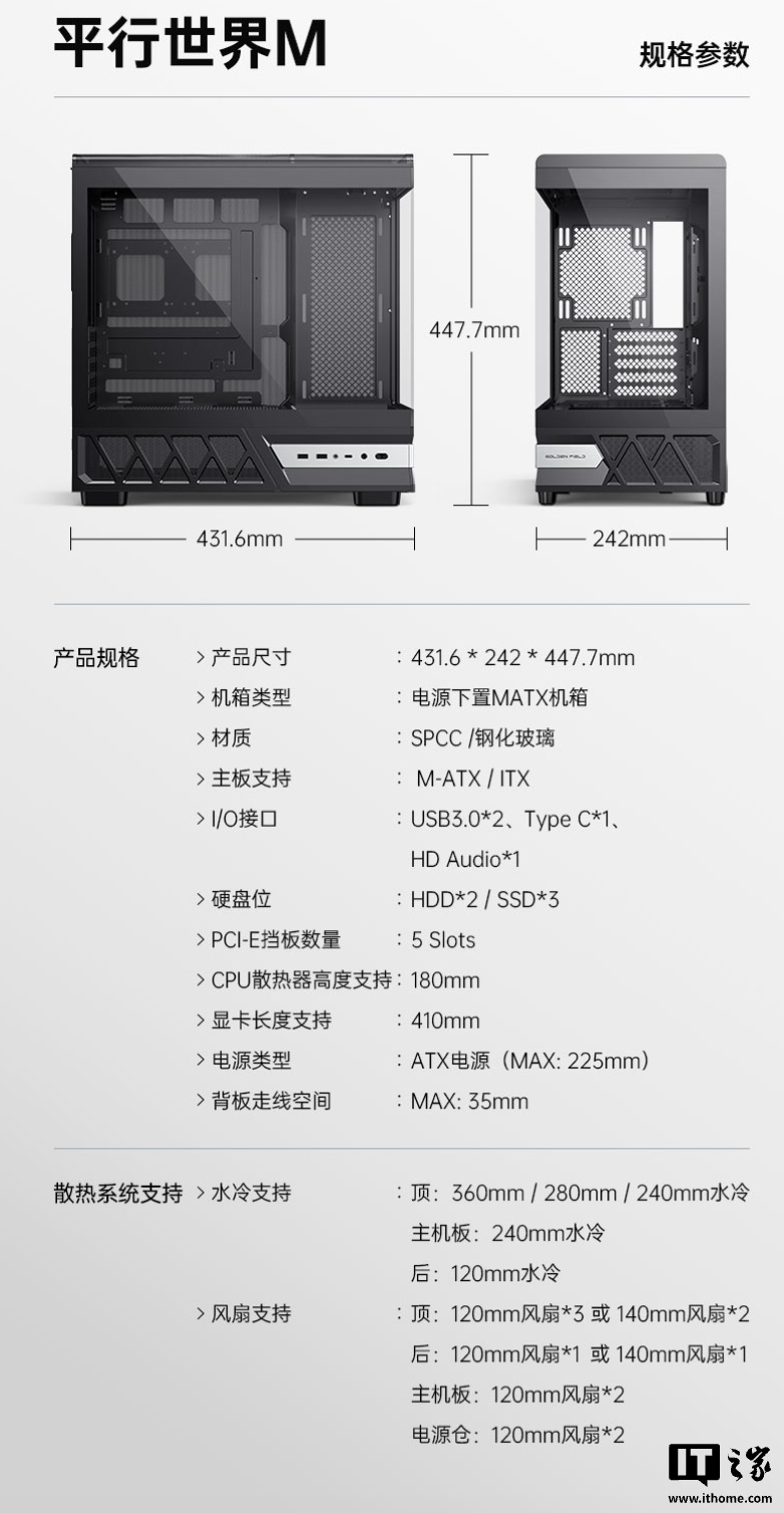 金河田推出“平行世界 M 版”海景房机箱：兼容 M-ATX / ITX 背插主板、黑白双色均为 359 元