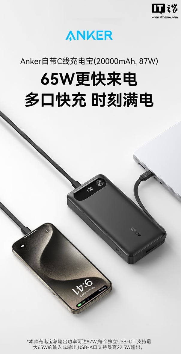 安克推出87W自带线20000mAh移动电源：2C+1A，169元