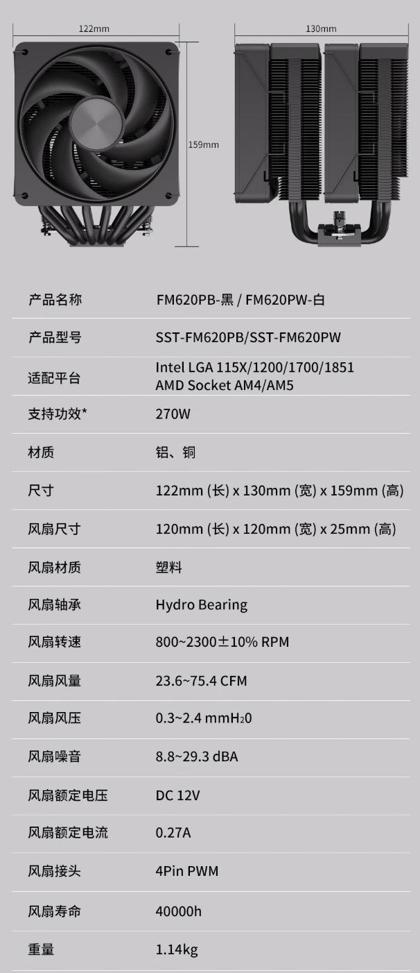 银昕 FM620 Pro 风冷 CPU 散热器上市：6 热管双塔设计，299 元