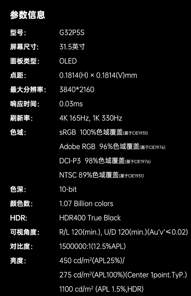 KTC G32P5S 显示器开启新品预约：31.5 英寸 4K 165Hz/1080P 330Hz OLED、原生 10Bit，3999 元