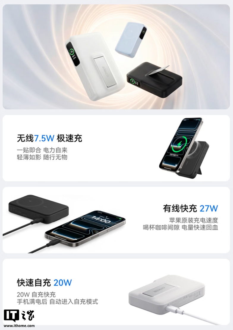 安克智能盾 10000mAh 移动电源首销：有线 27W + 无线 7.5W，349 元