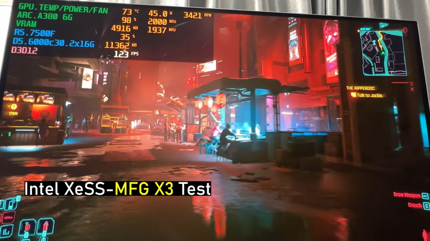 游戏帧率暴涨约300%：英特尔Arc A380显卡强开XeSS 3 MFG实测《赛博朋克2077》