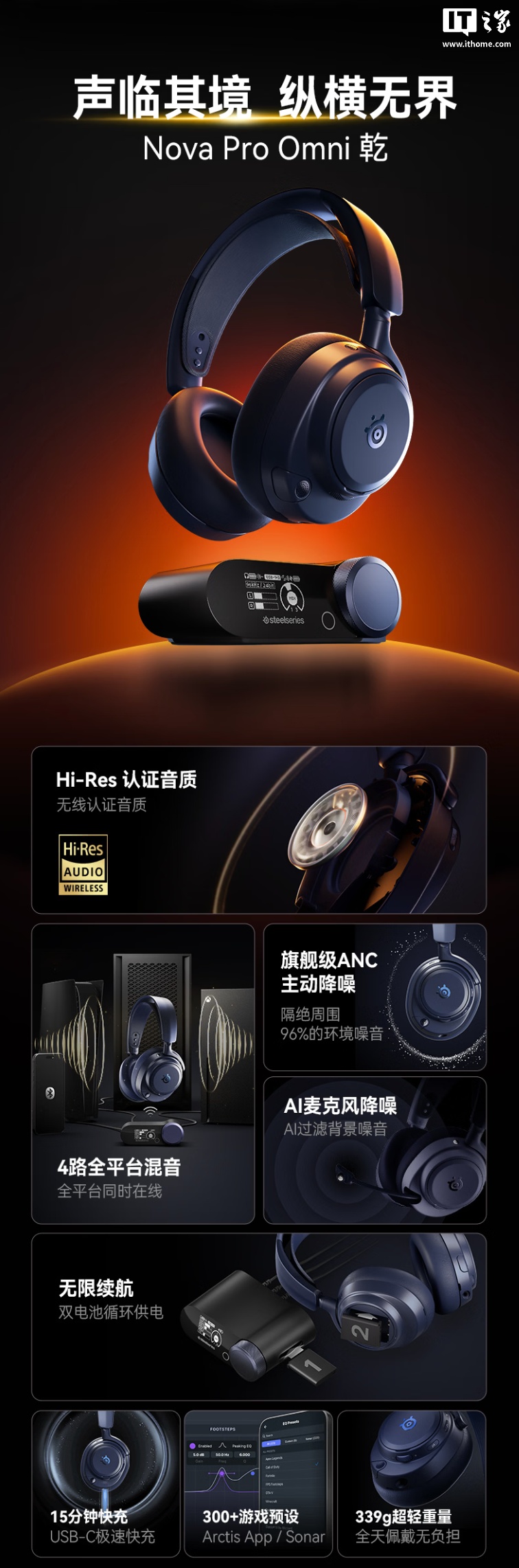 赛睿推出寒冰新星 Arctis Nova Pro Omni 头戴式耳机：配双电池支持热插拔、40mm 单元，3999 元