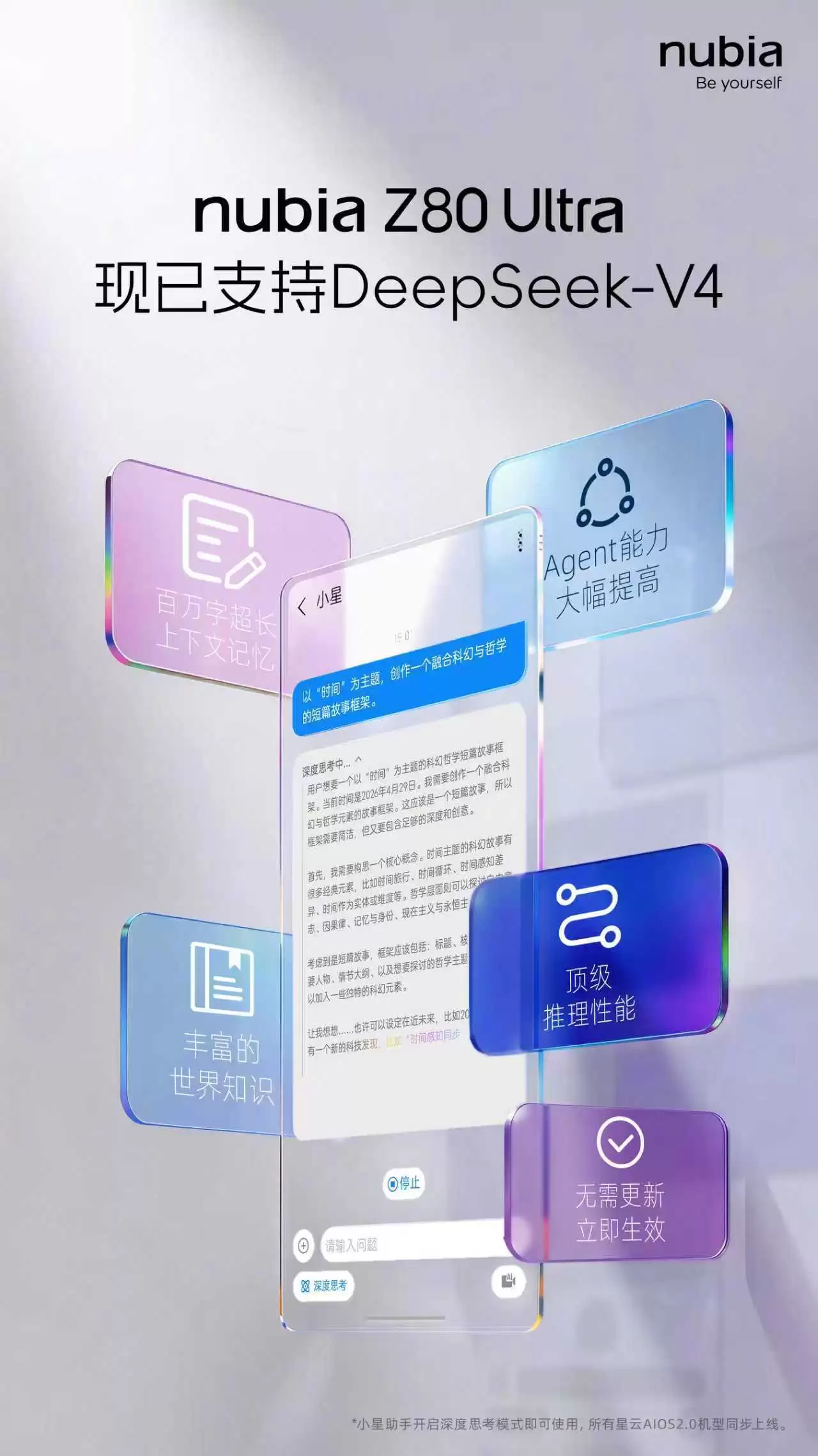 努比亚Z80 Ultra官宣接入DeepSeek V4:不用更新系统就能用