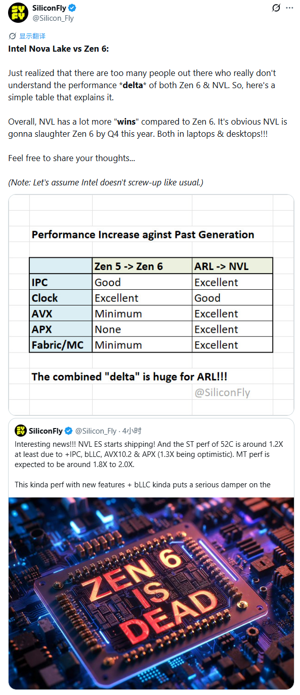 消息称英特尔 Nova Lake 处理器 ES 样品已出货,预计单核性能提升 20% 多核翻倍
