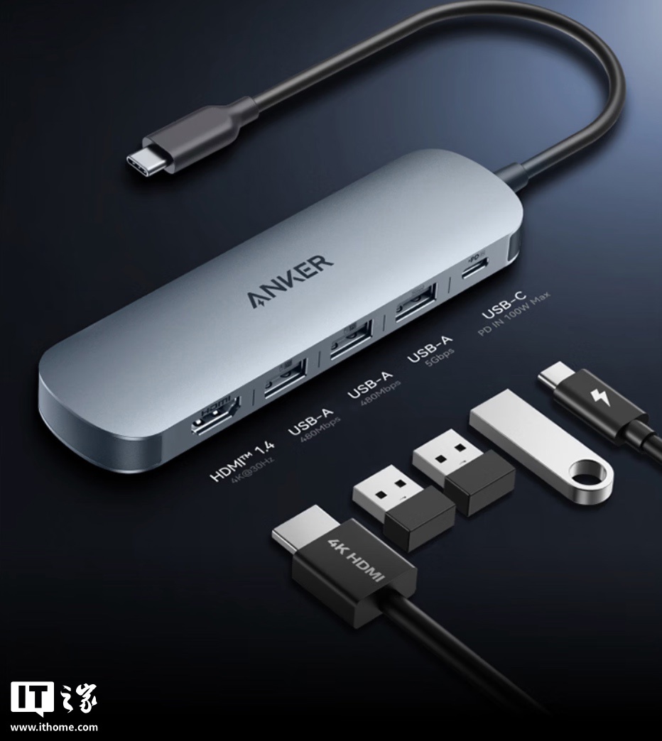 安克推出“5 合 1 全能 USB-C 拓展坞”:提供 HDMI、USB-A/C 接口,99 元