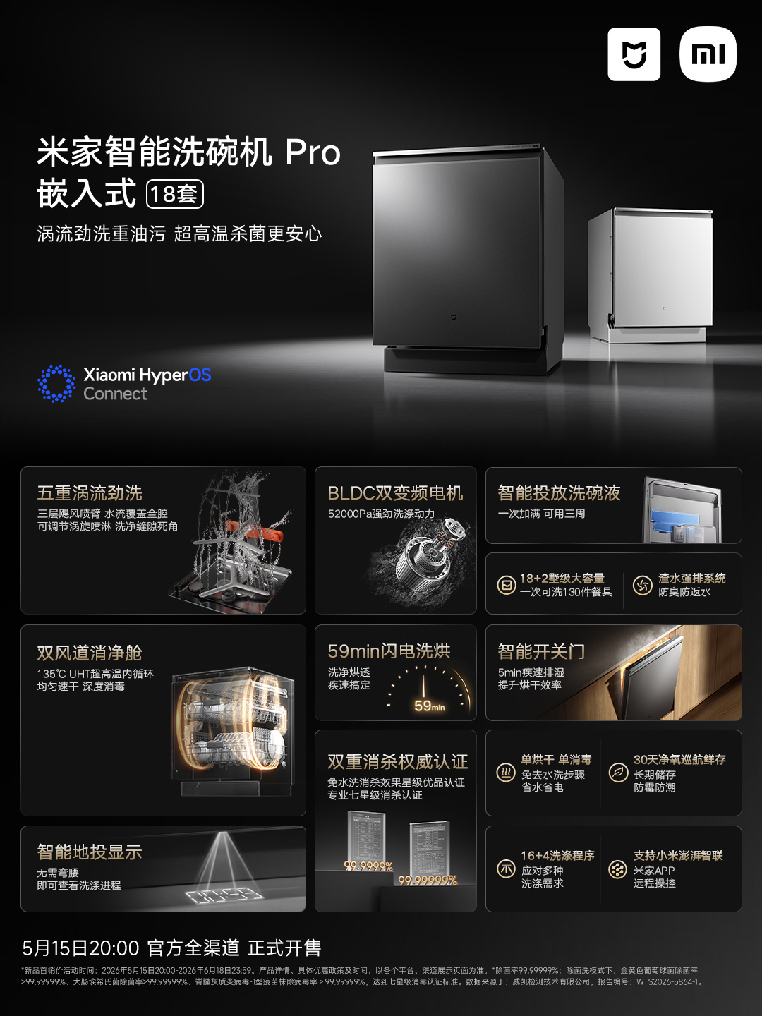 小米 6399 元米家智能洗碗机 Pro 嵌入式 18 套今日开售:除菌率 99.99999%,一次可洗 130 件餐具