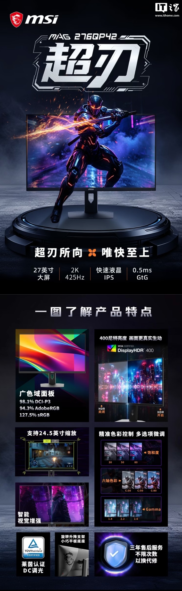 微星推出“MAG 276QP42”27 英寸显示器:2K 425Hz,2199 元