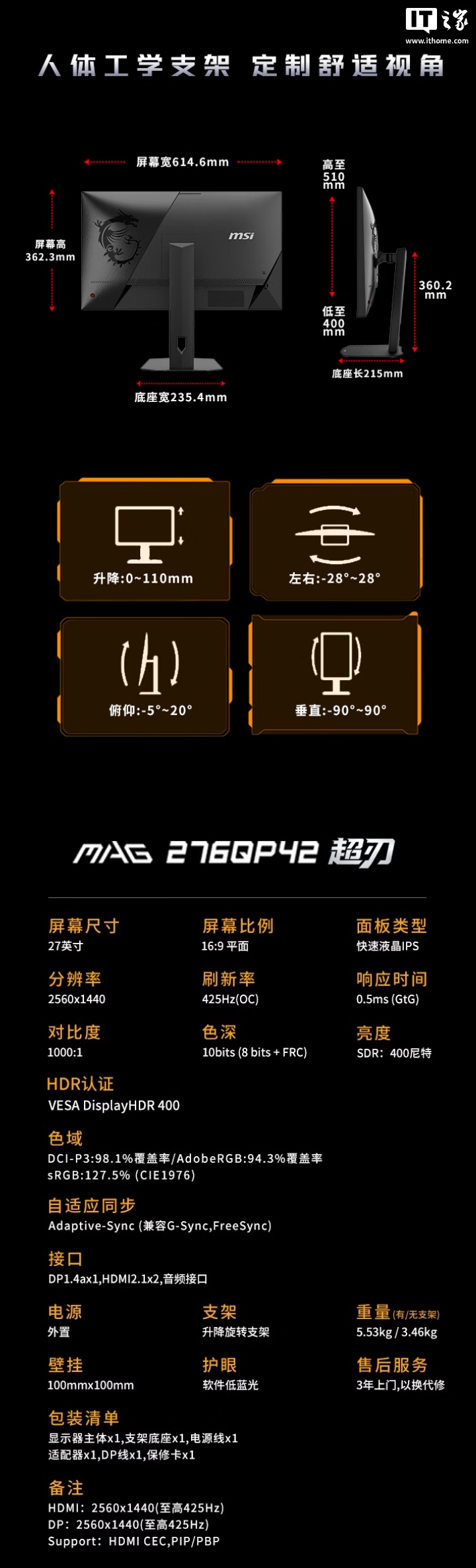 微星推出“MAG 276QP42”27 英寸显示器:2K 425Hz,2199 元