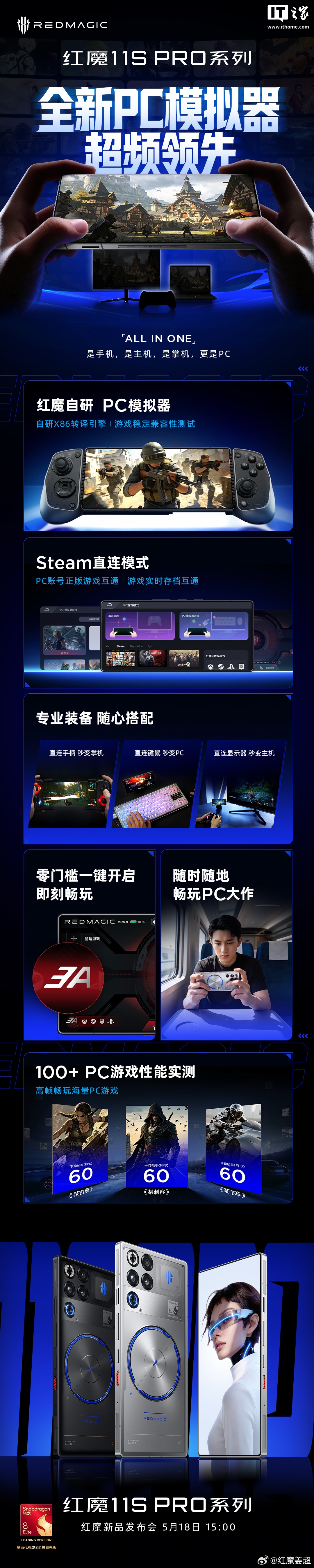红魔 11S Pro 系列手机官宣搭载全新 PC 模拟器:自研 X86 转译引擎,支持 Steam 直连模式