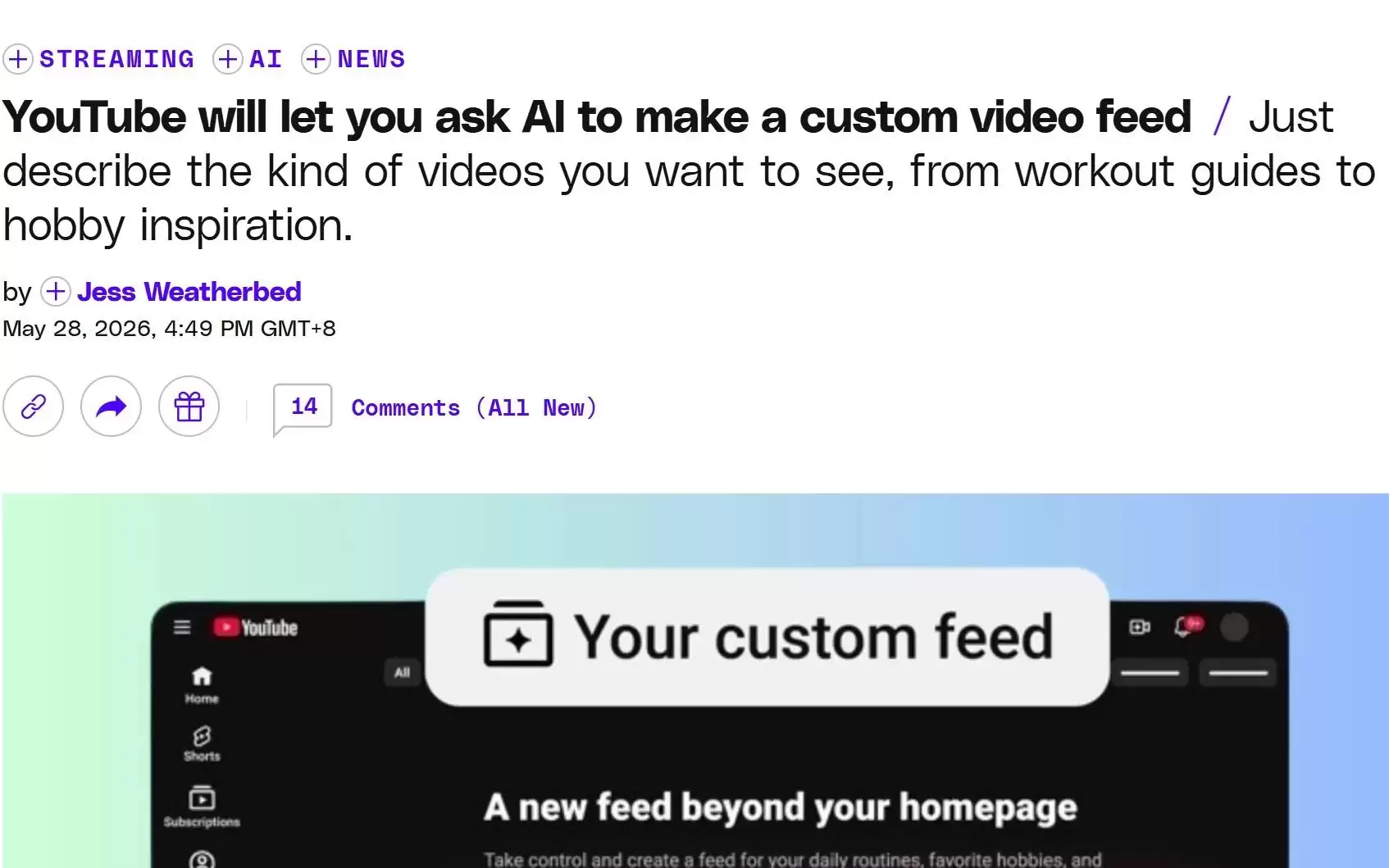 YouTube推出AI个性化首页功能，按需生成定制视频信息流