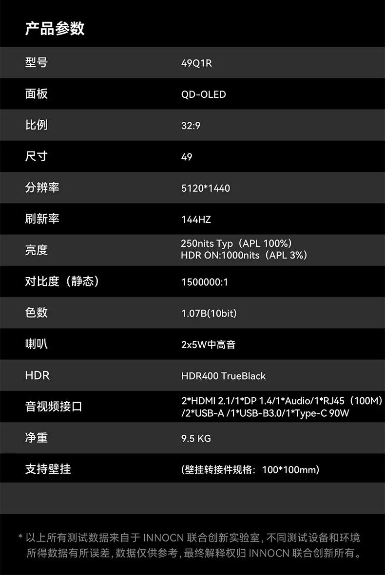 上市 4 天 5999 → 4399 元：联合创新 49 英寸 1440P 144Hz QD-OLED 带鱼屏显示器 618 直降