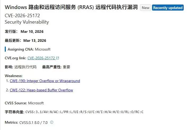 微软紧急发布热补丁更新KB5084597: 修复Win11企业版RRAS远程代码执行漏洞