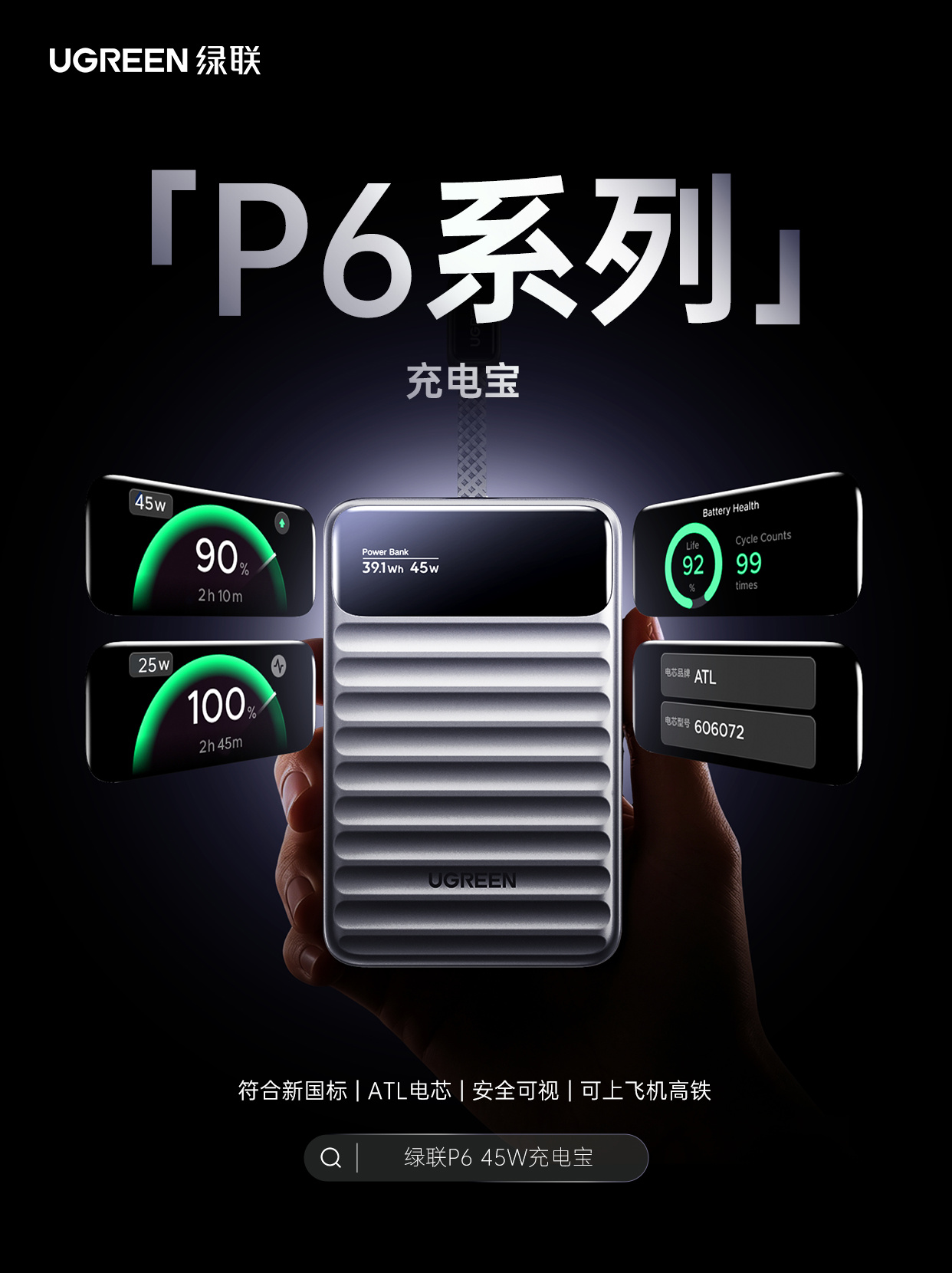 绿联 P6 系列 45W 充电宝发布:符合 2026 新国标 + 苹果同厂 ATL 电芯,199 元