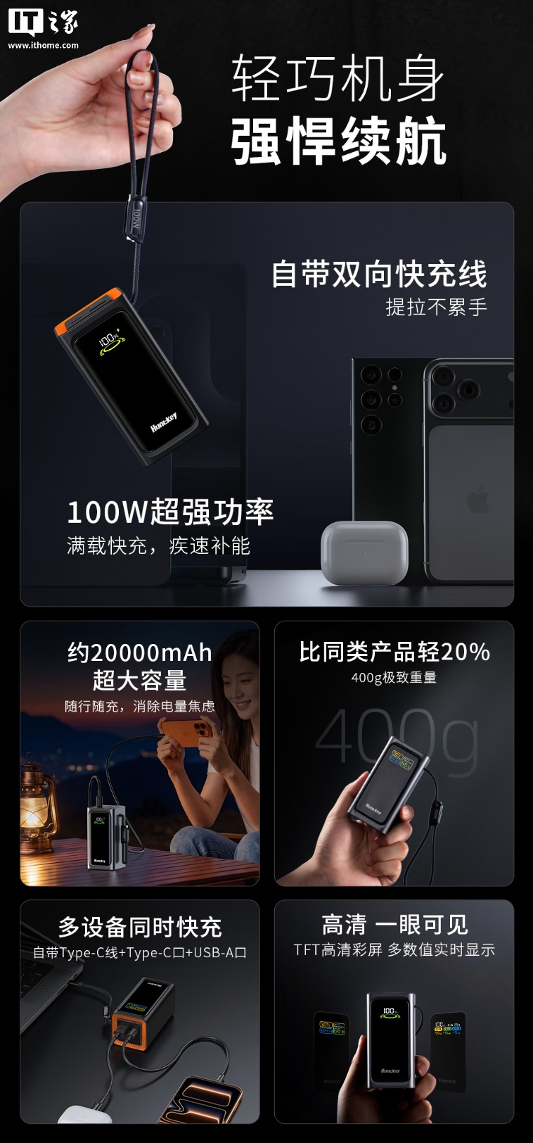 航嘉推出 X100 自带线带屏移动电源：2C+1A，20000mAh 售 199 元