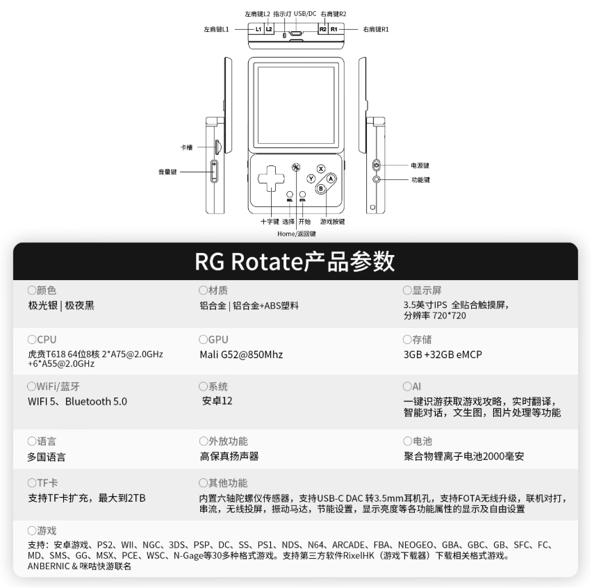 安伯尼克 Anbernic 掌机 RG Rotate 国内发售:3.5 英寸 720×720 旋屏,569 元起