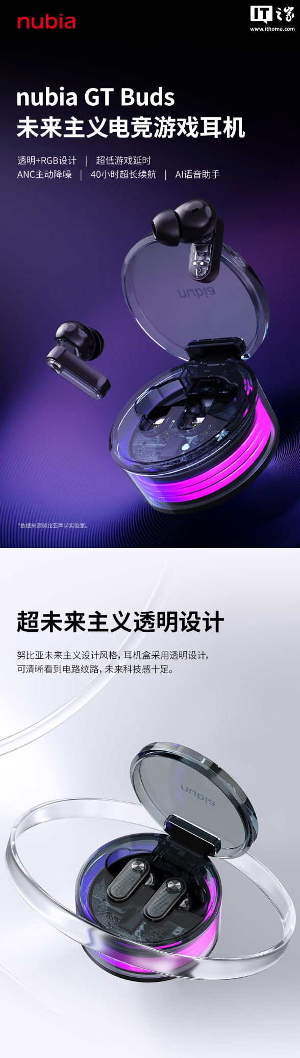努比亚推出 GT Buds 耳机：支持 35dB 降噪、充电盒半透明设计带 RGB 灯，269 元