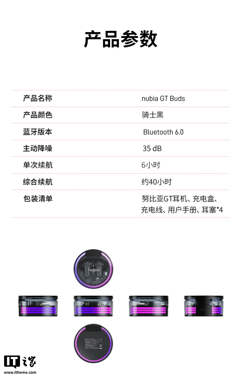 努比亚推出 GT Buds 耳机：支持 35dB 降噪、充电盒半透明设计带 RGB 灯，269 元