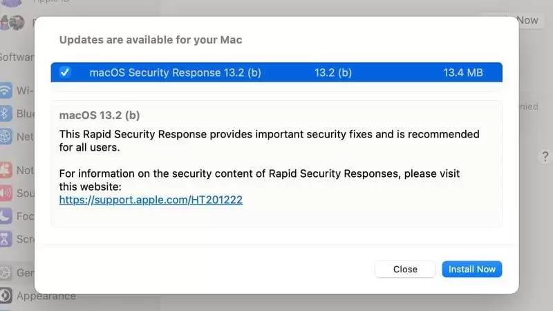 苹果发布 macOS Ventura 测试版 13.2（b）快速安全响应更新