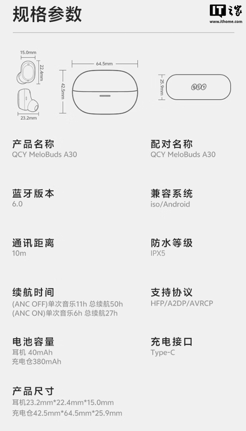 QCY MeloBuds A30 耳机发售：至高 50 小时续航、8 麦克风阵列降噪架构，209 元