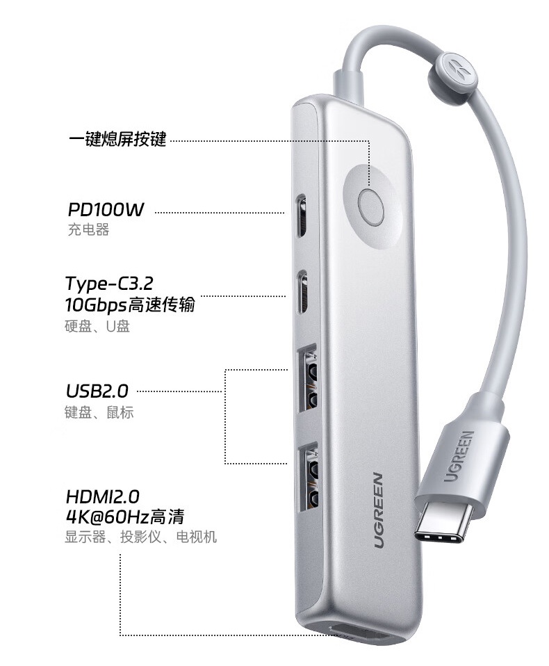 绿联发布 Type-C 银白扩展坞:一键熄屏、HDMI 2.0、100W PD,79.9 元