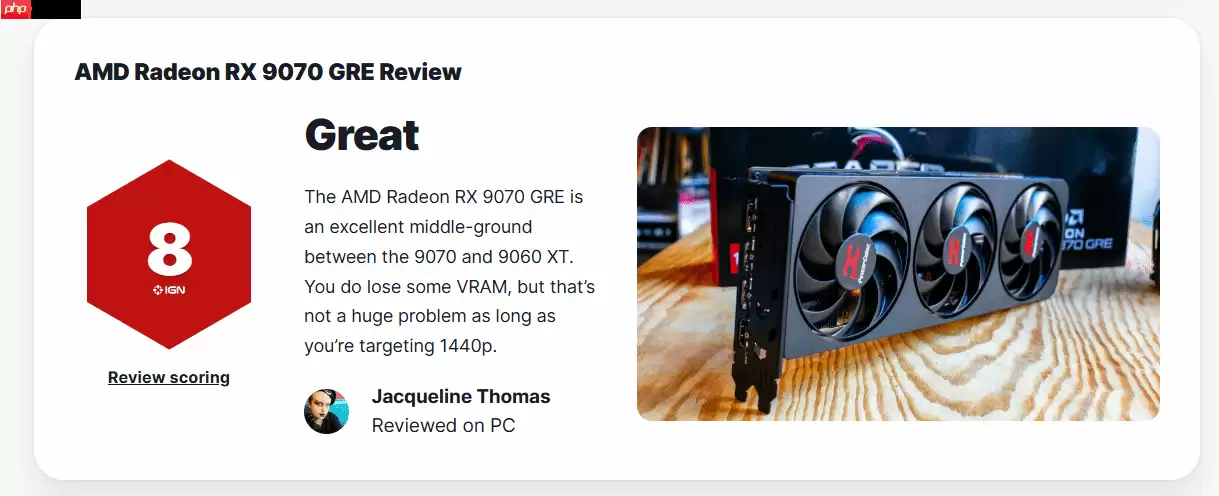 RX 9070GRE显卡IGN 8分：2K分辨率高性价比之选！