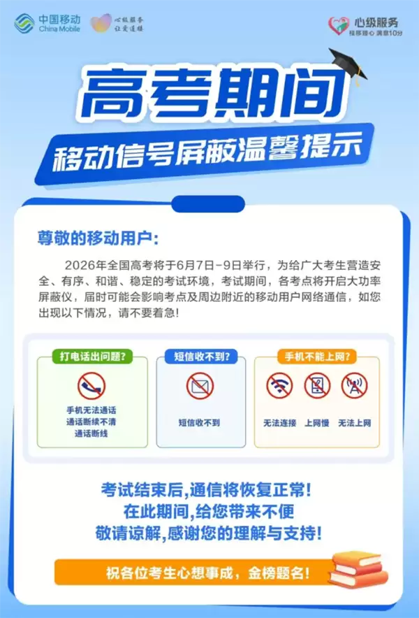 高考倒计时!三大运营商发布信号屏蔽提醒:考场周边或出现信号减弱、通话中断