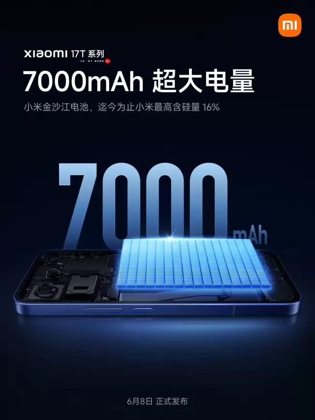 小米 17T 系列配备 7000mAh 金沙江电池含硅量达历史新高16%
