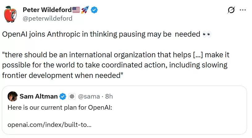 OpenAI跟进Anthropic：必要时放缓前沿AI开发，呼吁建立国际机构