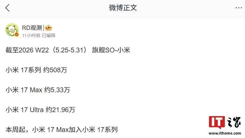 小米17系列销量再创新高：截至2026W22已突破500万大关，达约508万台
