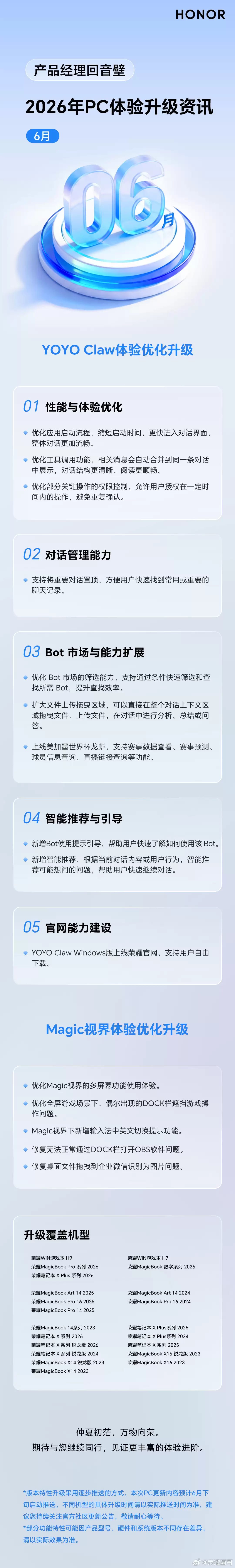 荣耀6月升级发布:PC端YOYO Claw提速,平板新增全局充电分离