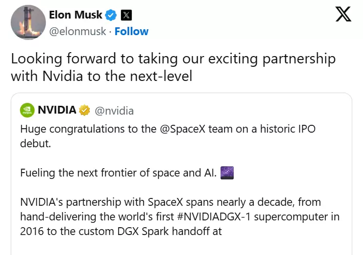 联手打造太空算力？SpaceX刚上市，马斯克就喊话黄仁勋：合作升级！