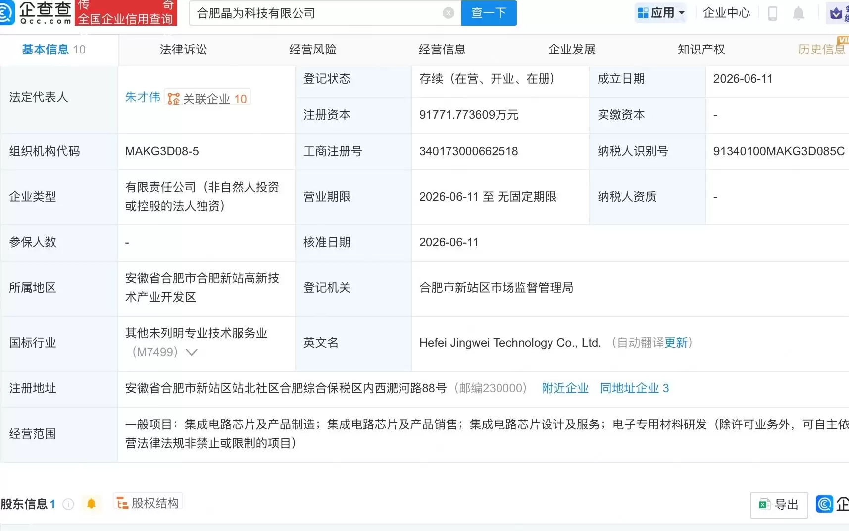 晶合集成新设科技公司，含集成电路芯片业务