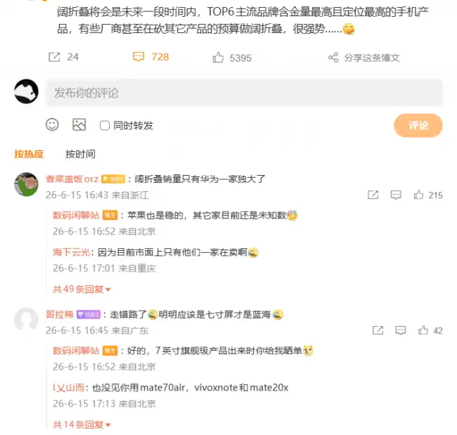 砍预算也要做阔折叠将成TOP6品牌未来最高含金量手机