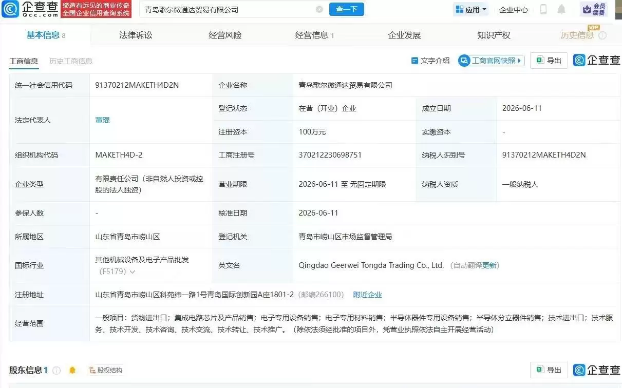 歌尔股份在青岛成立贸易公司，含电子专用设备销售业务