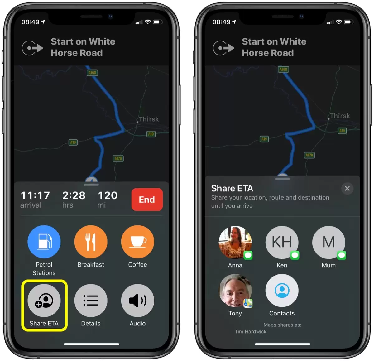 如何在 iPhone 的「地图」应用中分享预计到达时间？