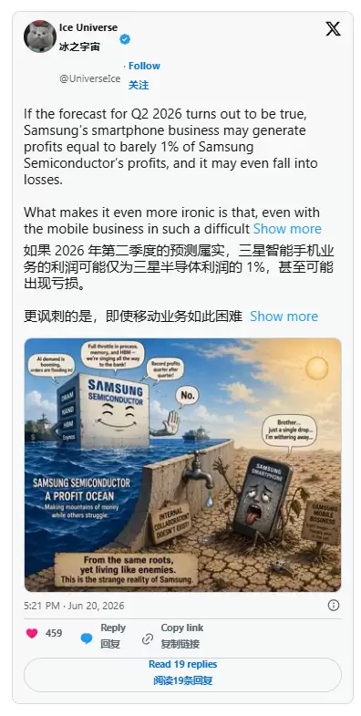 三星手机业务盈利下滑 季度利润仅为半导体的1%